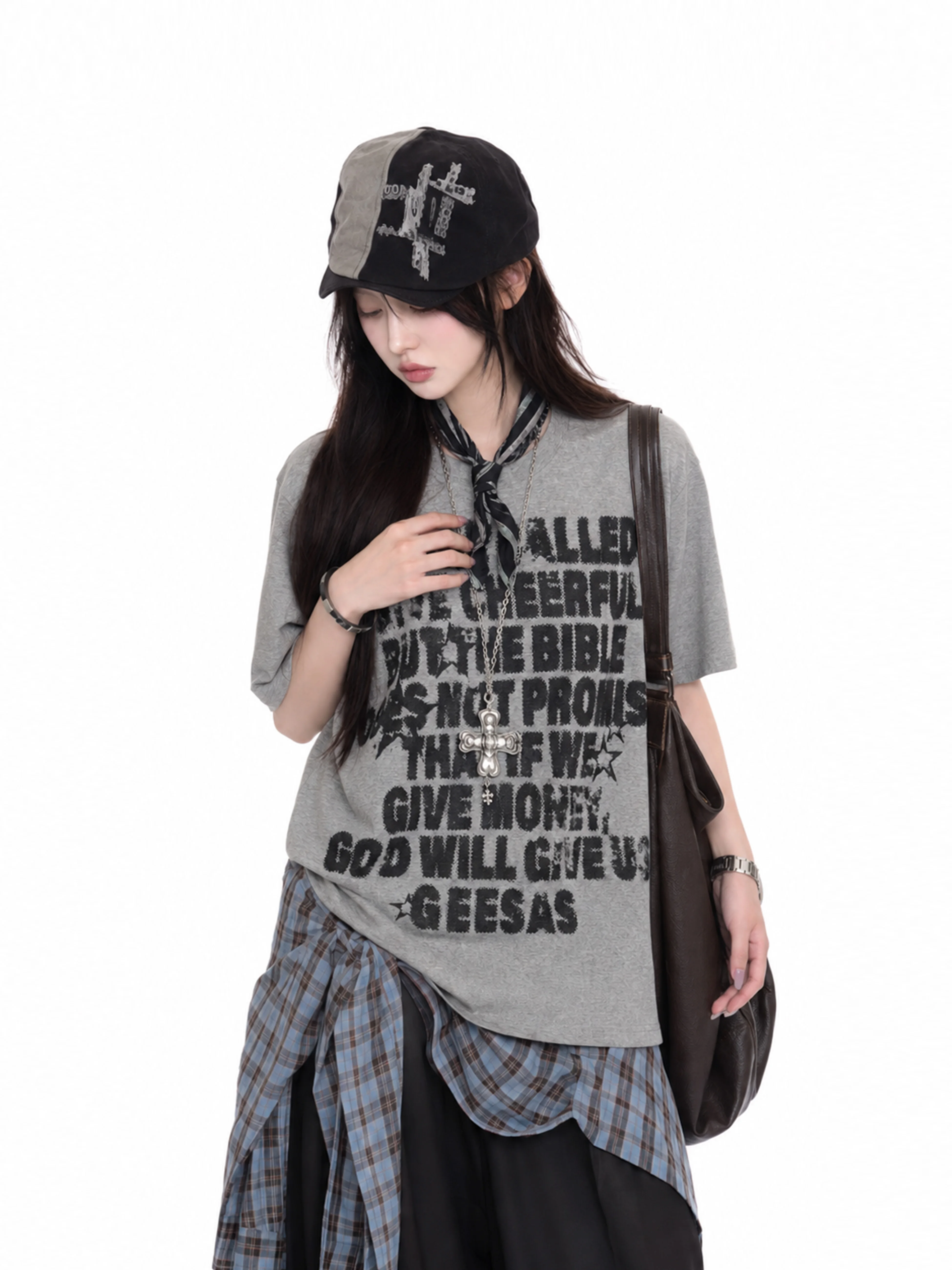 Street Style Letter Print Short Sleeve T-Shirt Women's Loose Versatile American Retro Neutral Top Small Ball Casual Cotton Tee