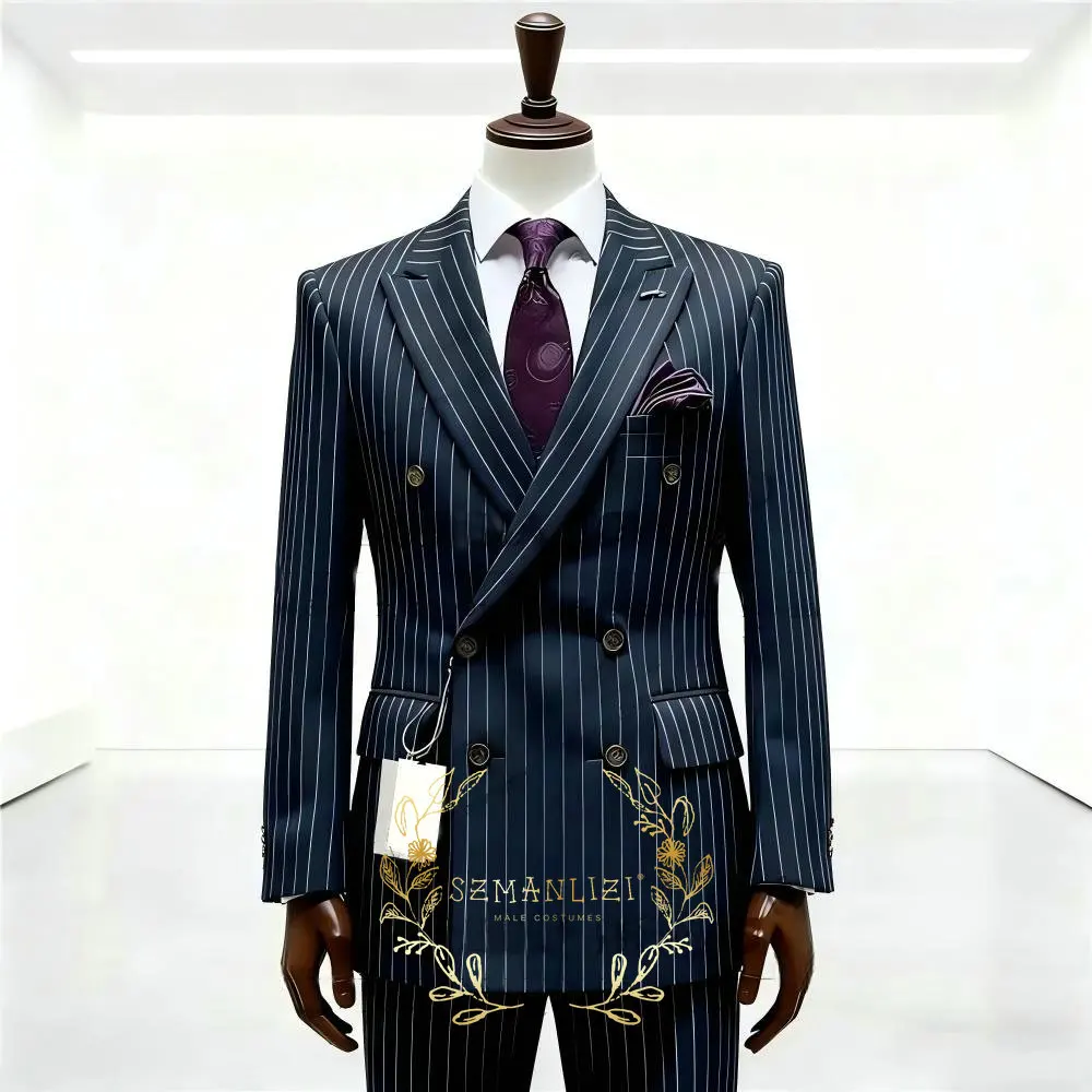

Мужской костюм из двух предметов в темно-синюю полоску для свадьбы и деловых встреч, двубортный пиджак и брюки, комплекты приталенных пиджаков