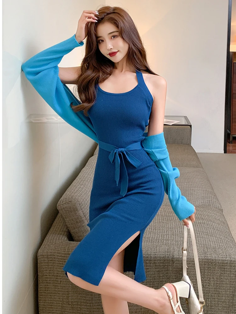 

Новая мода контрастного цвета вязаный кардиган короткий топ + сексуальный жилет облегающее платье комплект из двух предметов женская корейская элегантная повседневная одежда