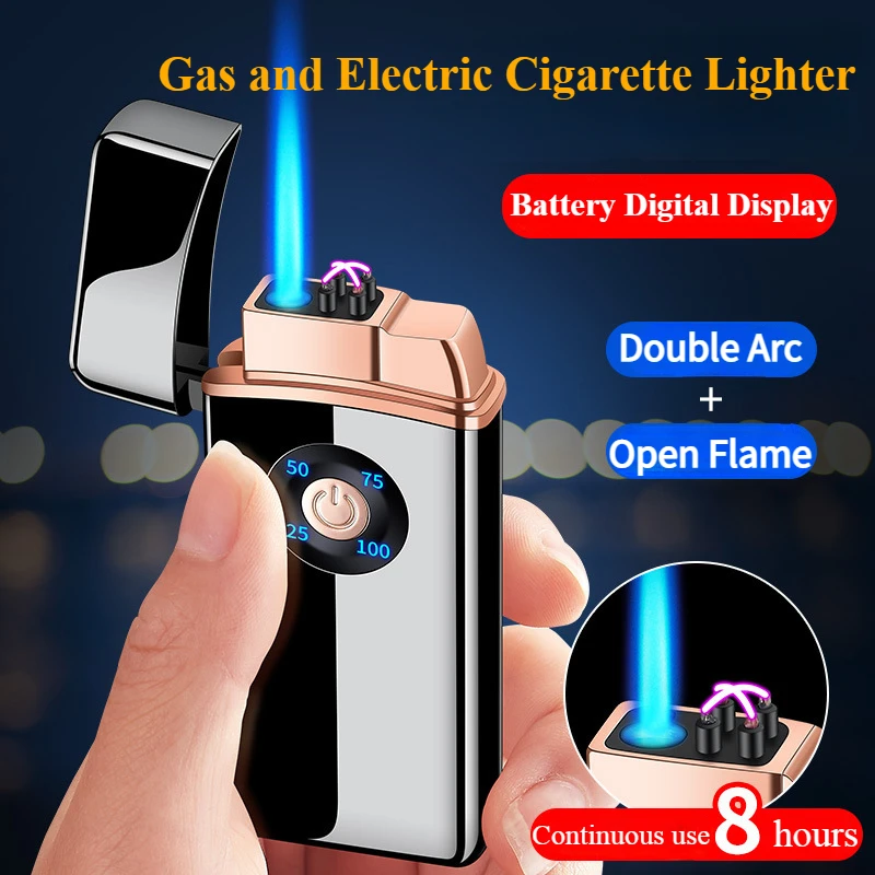 

Gas & Electric Dual Power Consumption Display Zinc Alloy Portable Windproof Multi-color Lightning Type Dual Arc Lighters&Smoking