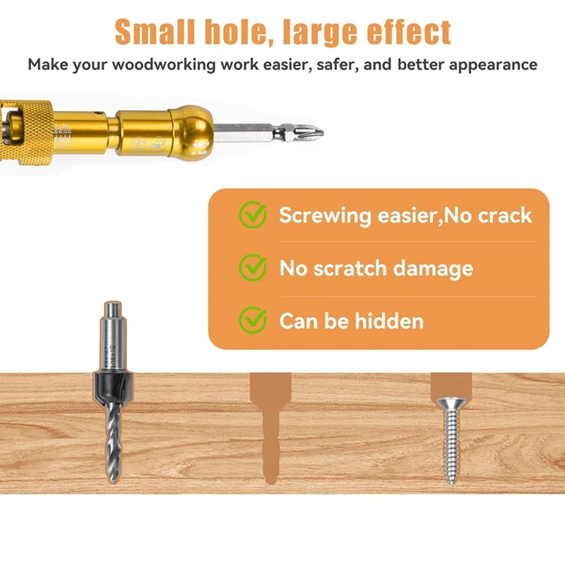 5Pcs Countersink Drill Bit Set With 1/4In Release Hexshank,Adjustable Woodworking Drill Bit Set For Carpentry Screw Hole