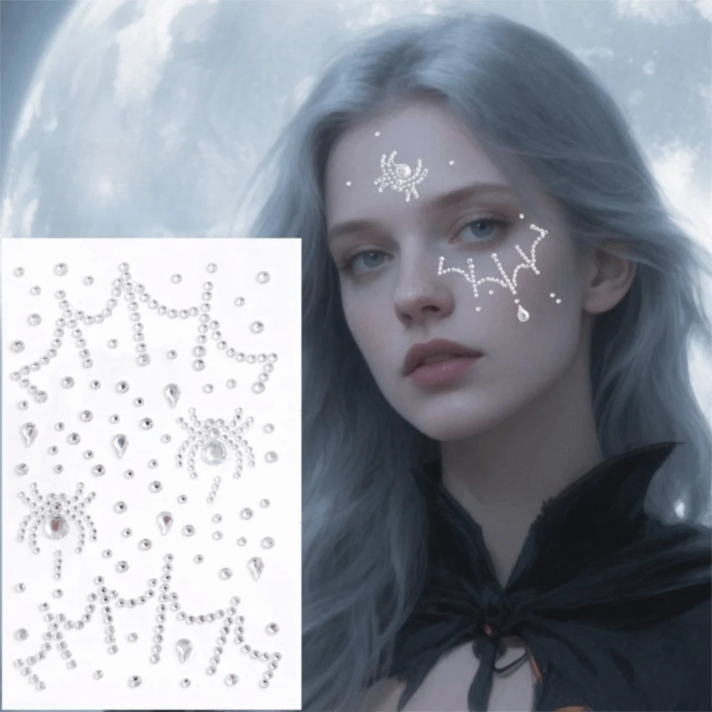 2PCS Shiny Halloween Stickers Spider Pattern Convenient Rhinestones Stickers Versatile Self Adhesive Facial Crystal Stickers