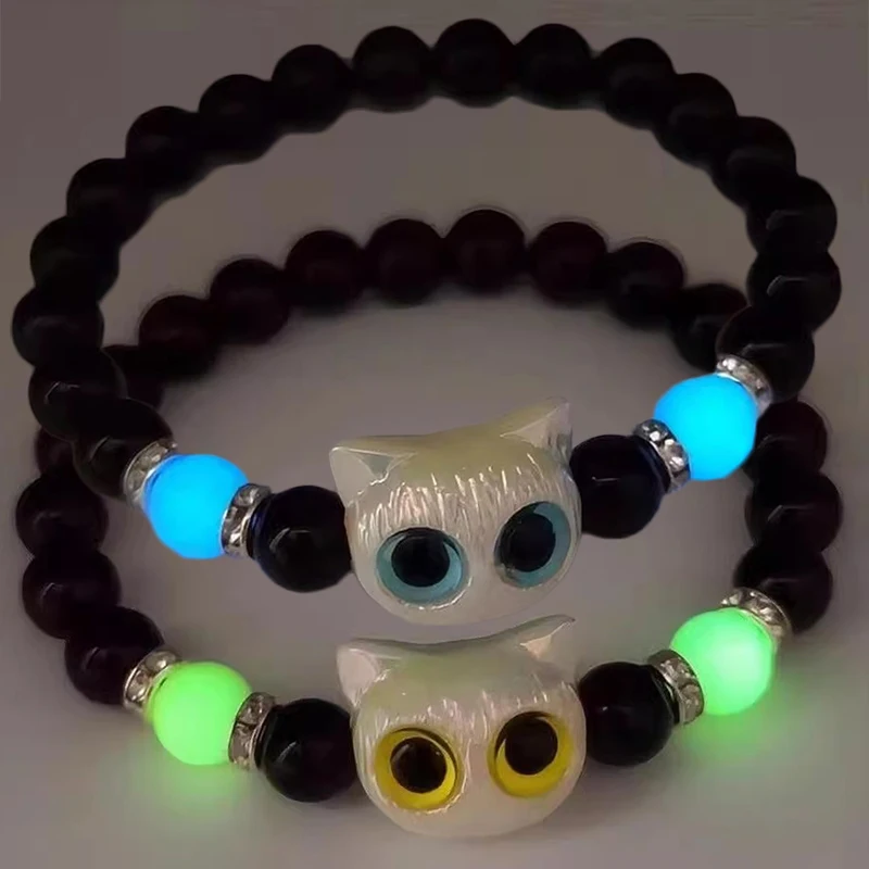 Cute Big Eye Cat Luminous Bracelets For Women Cartoon Animal Pendant Beaded Hand Chain Friendship Couple Bracelet Jewelry Gift