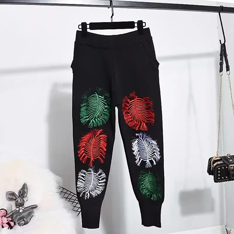 Autumn Women New Fashion Embroidery Knitted Tracksuits Casual Outfits Loose Black Knit Pullover Sweater Pencil Pants Set Female