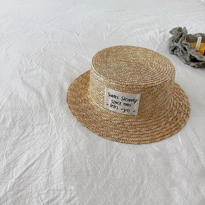 Summer Kids Straw Hat With Label Korea Style Wheat Straw Top Hat Boys Girls Sun Visor Hat Sunscreen Holiday Child Beach Hat