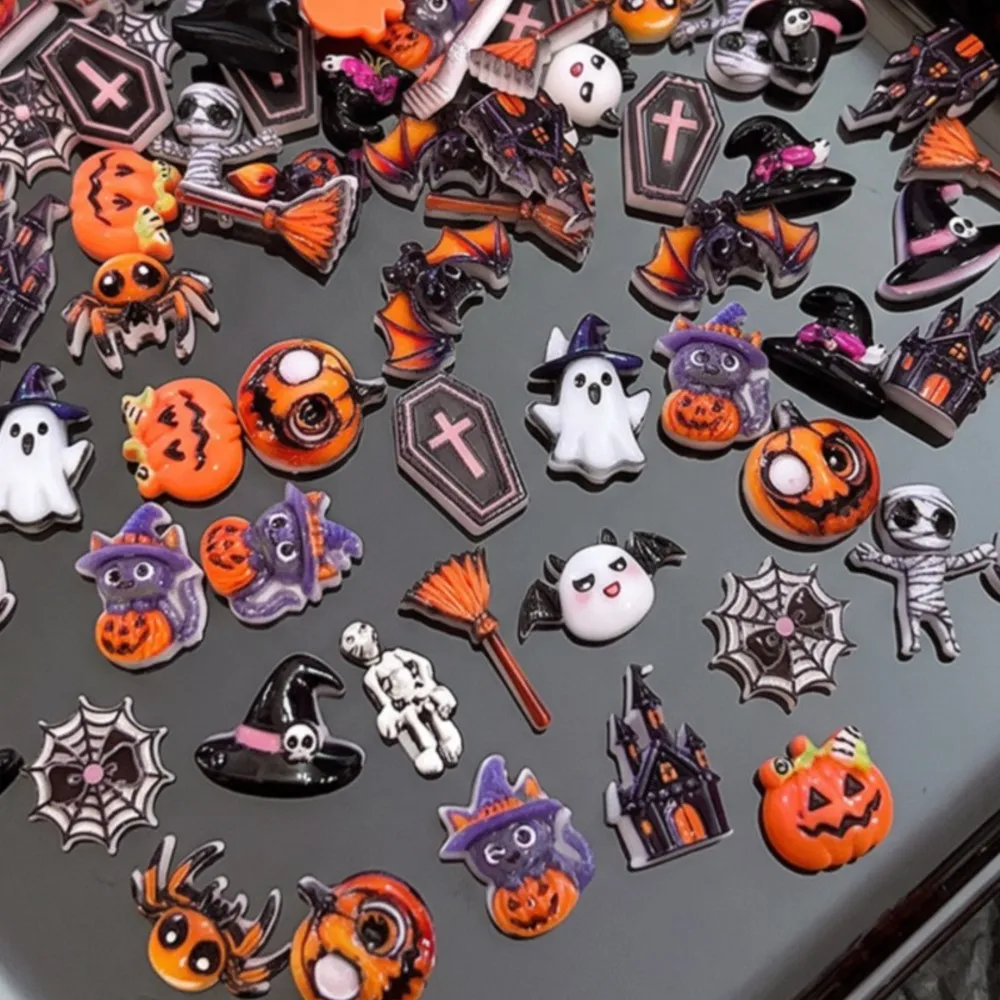 50PCS Mix 3D Halloween Resin Nail Charms Cute Pumpkin Ghost Bat Witch Spider Castle Nail Art Decorations DIY Manicure Ornaments