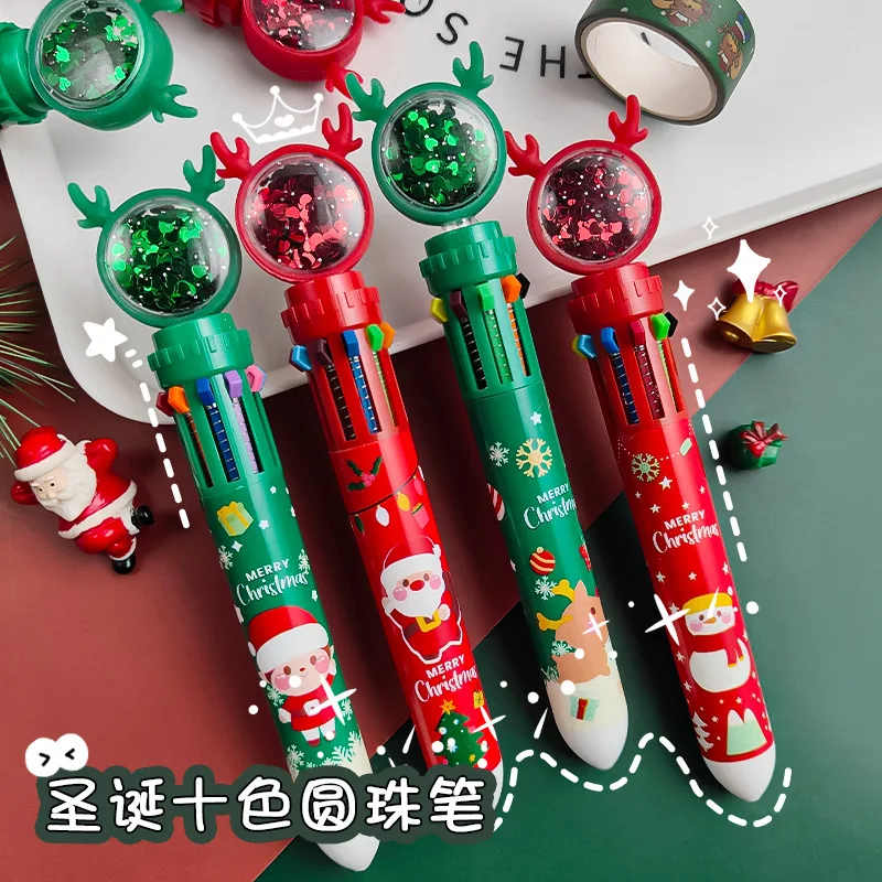 New Christmas Santa Press‑Type Ballpoint Pens 2026 10‑Color 0.5mm Multicolour Pen Student School Xmas Stationery Supplies