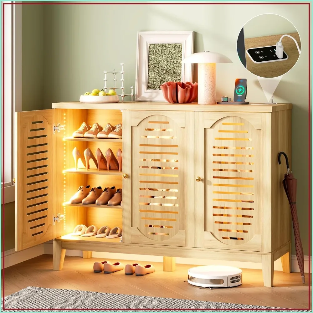 Shoe Storage Cabinet with Slatted Doors and Motion Sensor Lights