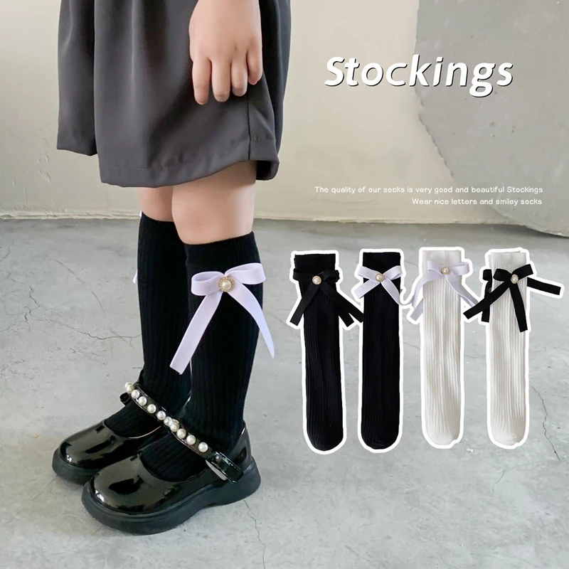 2-12year Princess Girl Stockings Sweet Ribbon Bow Kids Long Socks Black White Color Children Leg Sock Soft Cotton Baby Footwear