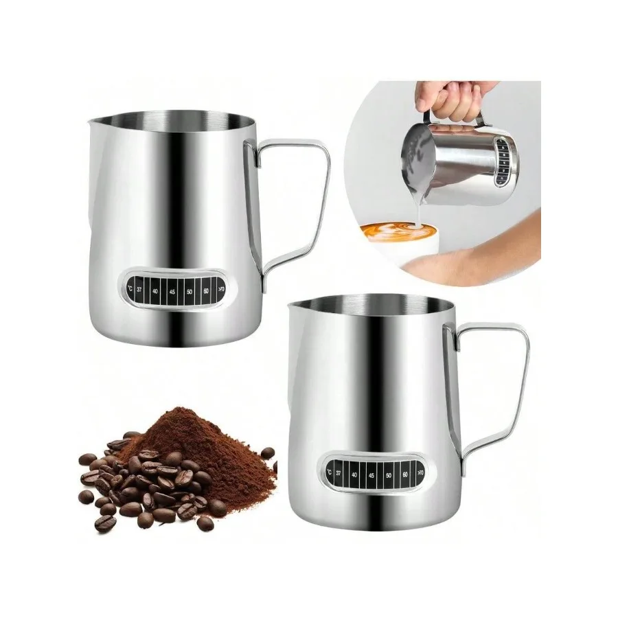 

~Milk Frothing Pitcher 20 Oz 2Pcs Milk Frother Cup With Thermometer Stainless Steel Milk Steamer Frother Temp Control Milk Jug