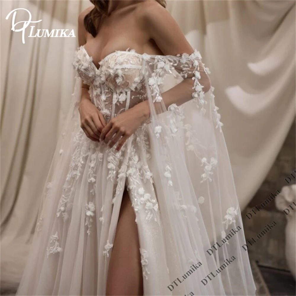

DTLumika Romantic Tulle Wedding Dress Off Shoulder Long Cape Sleeves Bridal Gown Sweetheart Neckline Lace Corset Bride Dresses