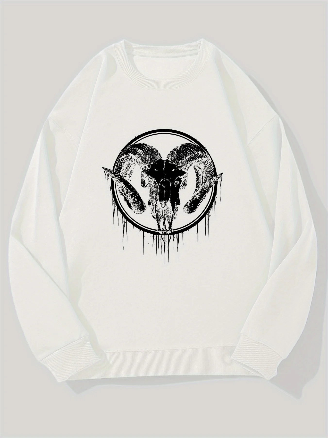 Men's Gothic Ram Head Horns Graphic Sweatshirt Pullover Dark Navy Blue with White Ram Skull Statement Gothic Style Sweater