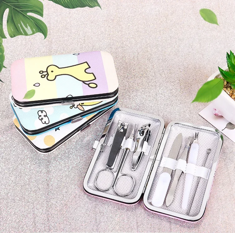 7개 세트 만화 스테인리스 스틸 손톱 다듬기 도구 손톱깎이 세트 가정용 매니큐어 페디큐어 손톱깎이 키트