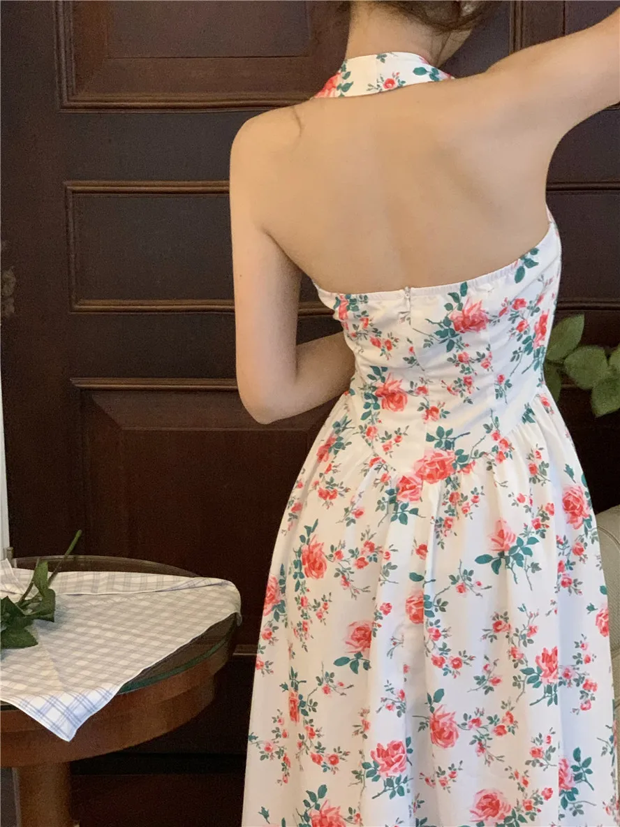 Elegant Sleeveless Backless Slim Sexy Maxi Dress Summer Halter Neck A-Line Vintage Floral Dress Holiday Sundress Party Dresses