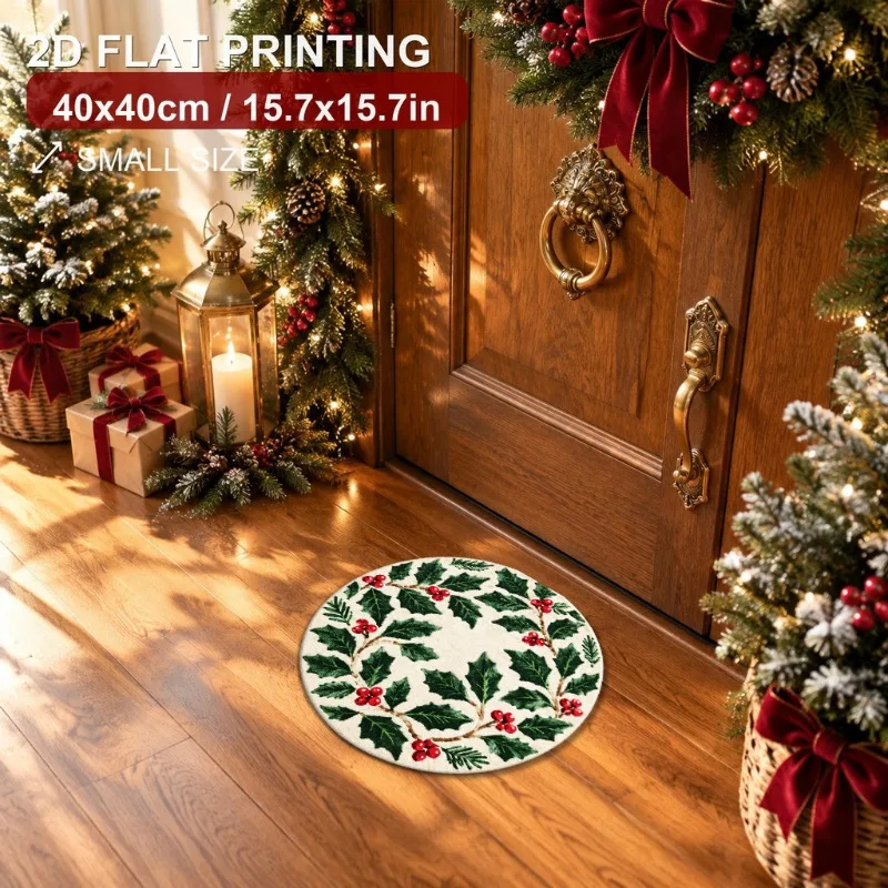 Circular Floor Mat Nordic Winter Snow House Printed Carpet Flannel Fluffy Warm Cozy Bedroom Bedside Placement Cushion