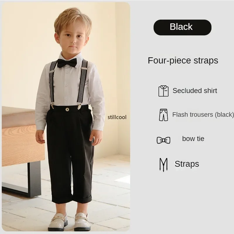 Children Suspender Pants Set Summer New White Handsome Boys Suits for Weddings School Chorus Groups Performance Outfits 3 4 6 Y