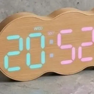 Living Room Electronic Clock with Fabric Front Panel Built-in Stand LED Night Light Temperature Date and Dual Alarm Features