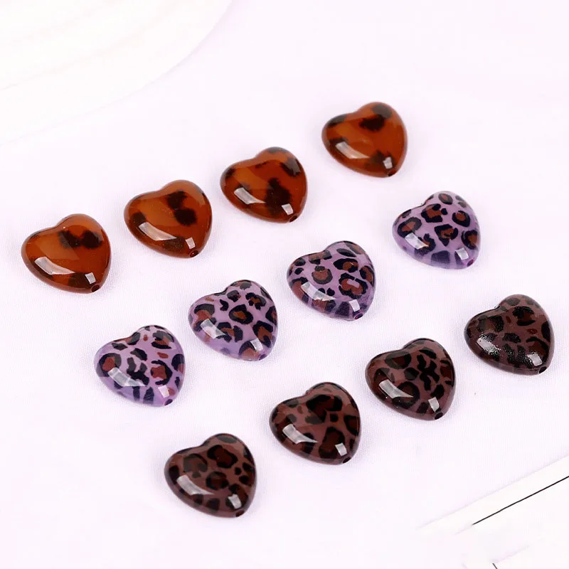 10PCS Heart-shaped Leopard Print Vertical Hole Through-hole Resin Scattered Beads DIY Handmade Hand Bracelet Hair Tie Keychain