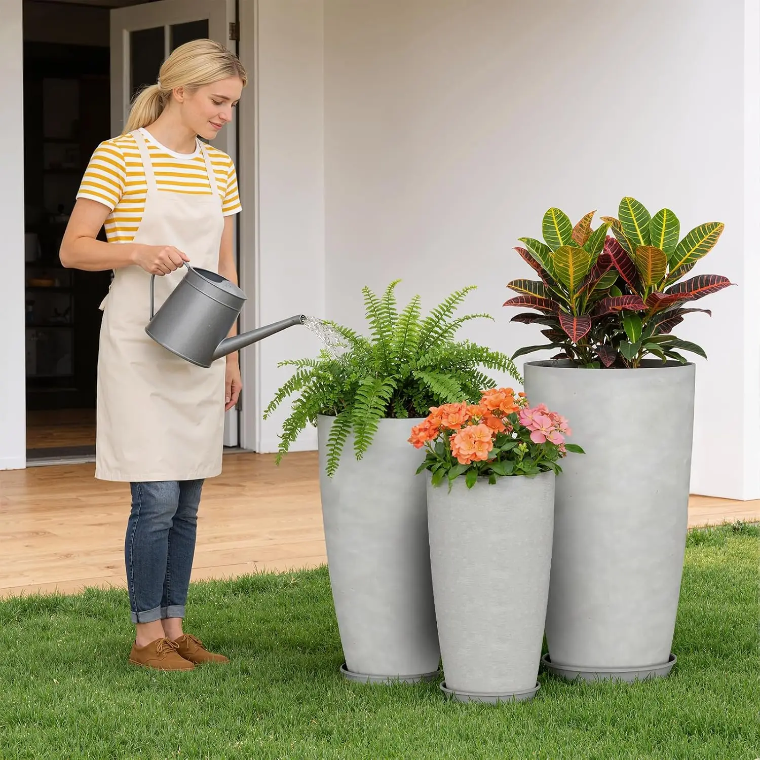 Set of 3 Tall Round Plant Containers 18 Inch, 21 Inch & 24 Inch Height with Drainage Holes & Matching Saucers, Dual Indoor Outdoor Large Floor Planter Pots for Shrubs Trees Foliage Greenery Decor