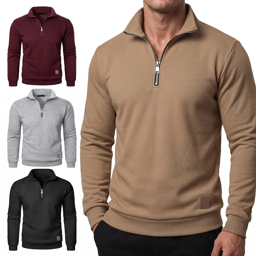 Autumn Winter Men's Half Zip Pullover Sweatshirts Casual Stand Collar Solid Color Sweaters High Quality Fashion Male Basic Tops