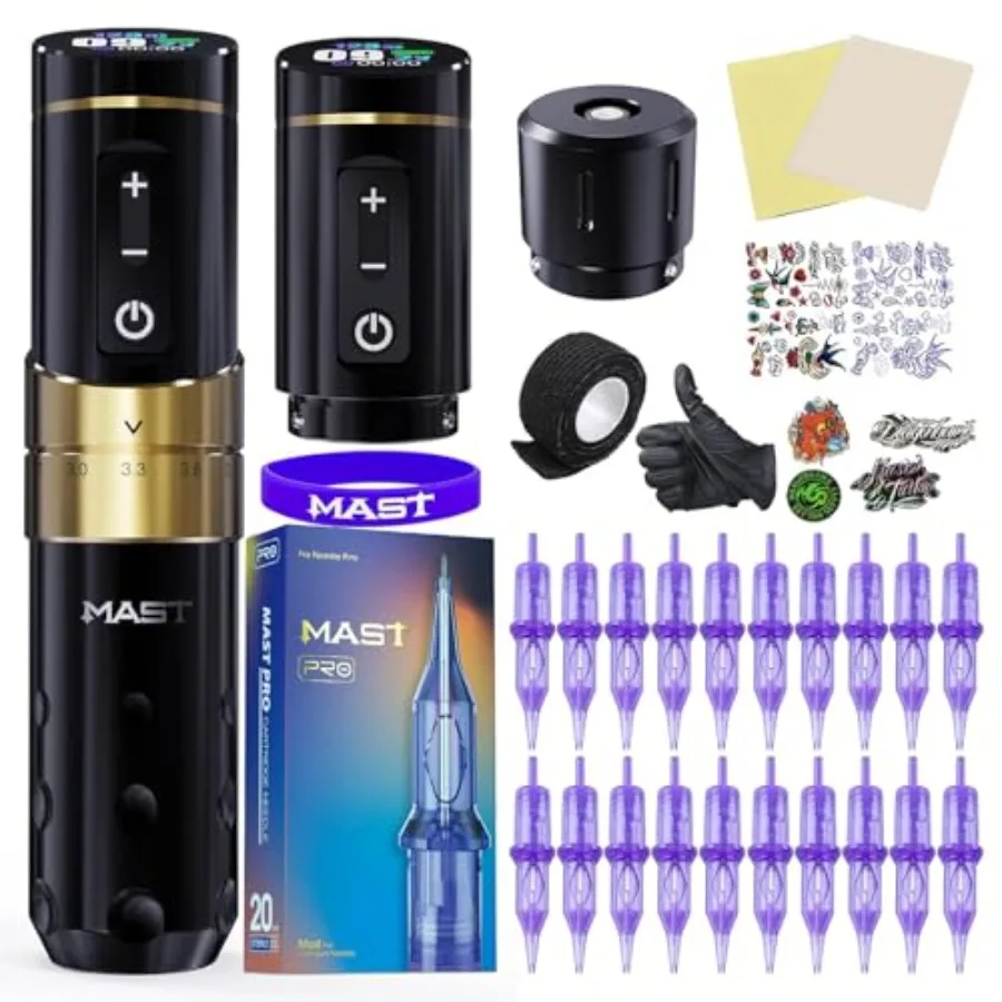 

Wireless Tattoo Gun Kit with Coreless Motor 7 Strokes Length Pro Needles Cartridges 2 Batteries Power Supply Ideal for Professi