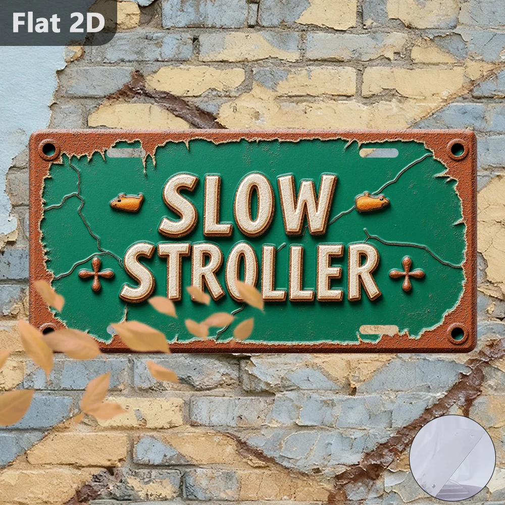 2D Flat - 1pc 2D Flat Tin Sign SLOW STROLLER | Retro Home Decor, Outdoor Wall Decor (30.48cm x 14.99cm), Ideal for Cafe, Gara