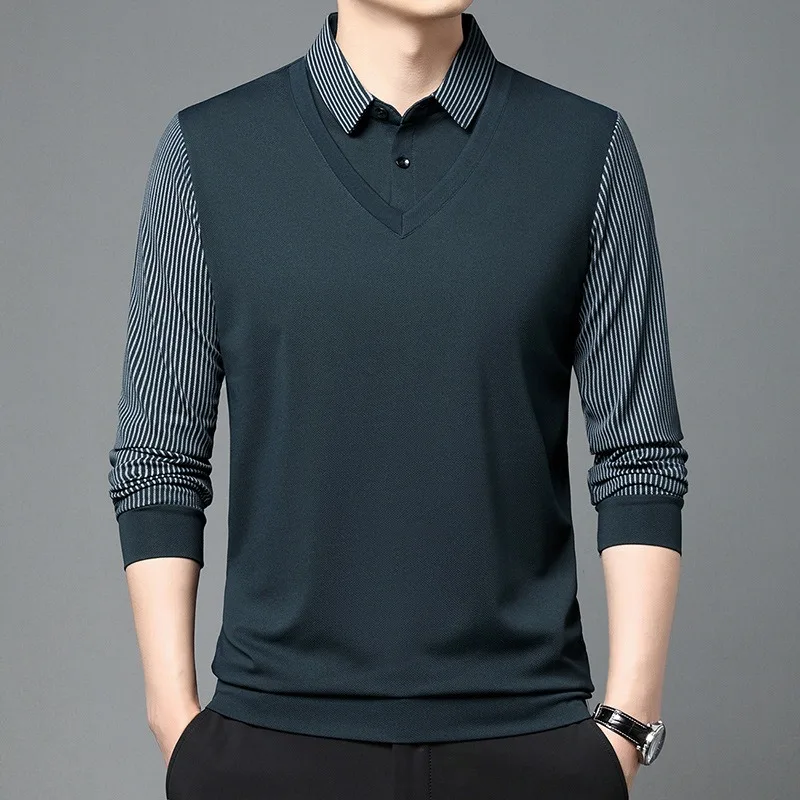 Men\'s Long Sleeve Business T-shirts Casual Fake Two Pieces Elastic Tops & Tees Luxurious High End Autumn Polo Shirts Wholesale