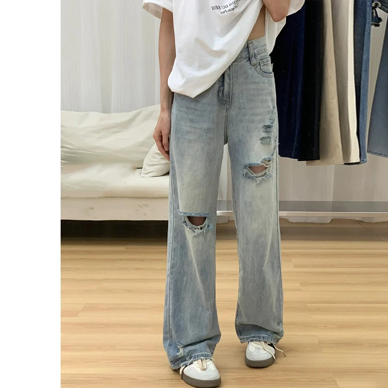 High Waist Wide Leg Jeans Women's Light Blue Spring New Loose Slimming Draping Floor-Length Pants for Pear Shaped Body