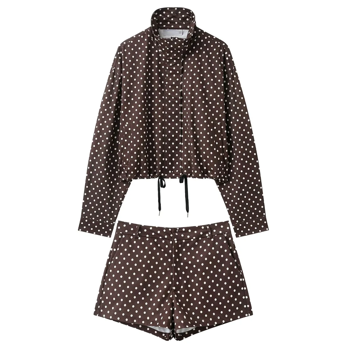 HH Vrouw Herfst Lange Mouwen Coltrui Rits Met Zakken Trekkoord Casual Jassen Damesmode Polka Dot Gedrukt Jas