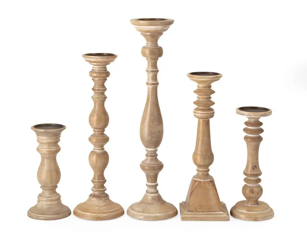 Mason Natural Wash Wood Candleholders - Set of 5 Vintage Candle Stands - Home Decor Accessory
