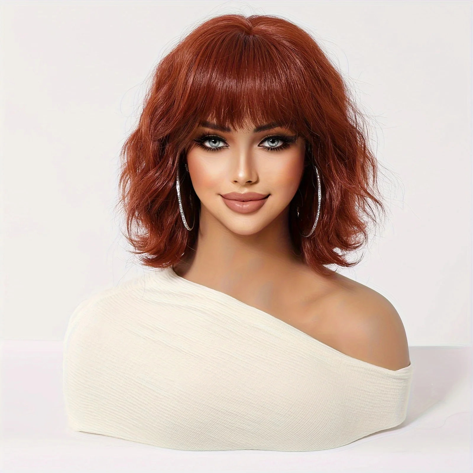 ALAN EATON Auburn Synthetic Wigs with Bangs Short Wavy Wig Red Brown Curly Hair for Party Cosplay Heat Resistant Fiber Wig image 2
