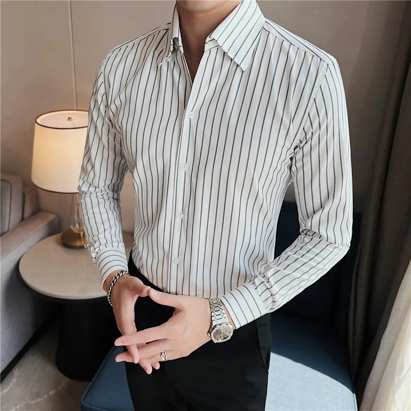 British Style Slim Fit Striped Shirts Mens Long Sleeved Business Formal Shirts Streetwear Formal Social Party Clothing Hommes