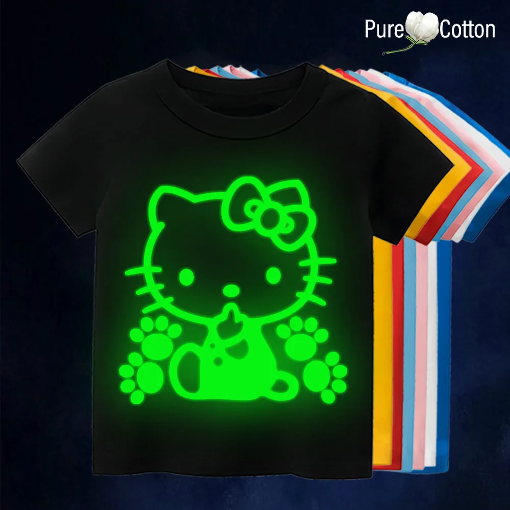 Children's fluorescent print cute kitten T-shirt cotton outdoor top multi-color short sleeve breathable and loose girls ins wind