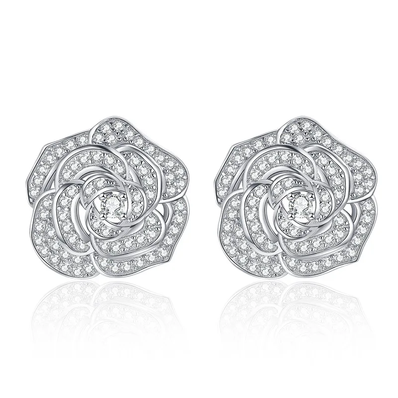 S925 Sterling Silver Light Luxury Small Fragrant Wind Mountain Camellia Earrings Exquisite Temperament Rose Earrings