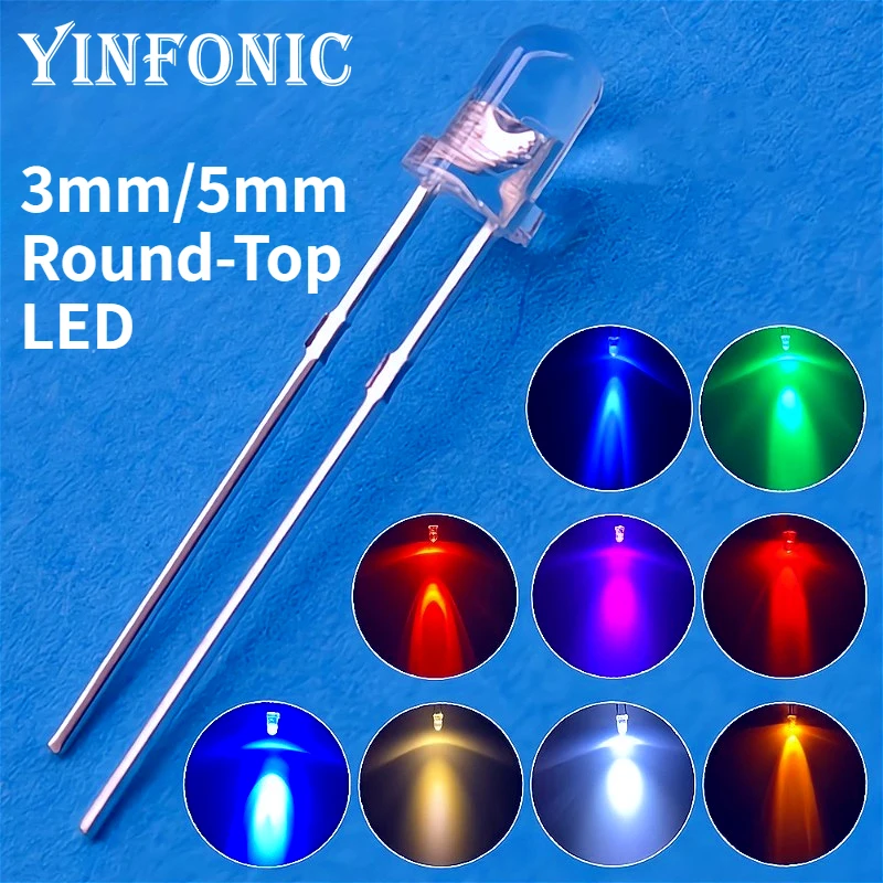 100 قطعة/1000 قطعة F3/F5 رأس مستدير LED 3 مللي متر/5 مللي متر صمام ثنائي باعث للضوء ، عدسة ضوء ساطعة اللون الأبيض إلى 8 أنواع من الألوان المتاحة LED