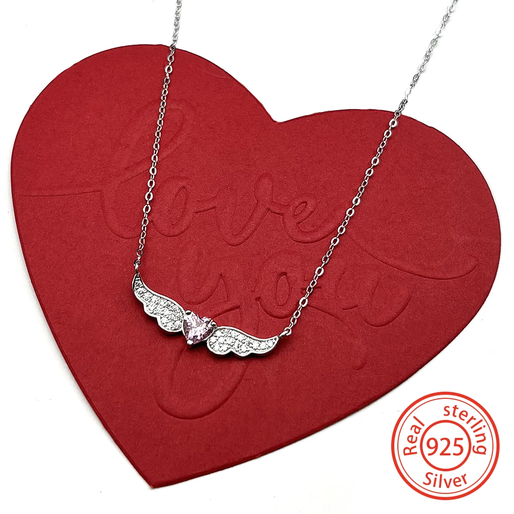 

Angel Wing Pink Heart Chain Women Girlfriend 925 Sterling Silver Crystal Love Trendy Wedding Necklace Jewelry Valentine's Day