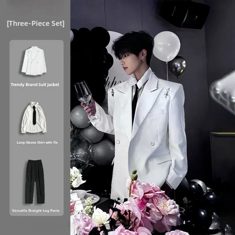 

Casual Style Men's Suit Jacket with Airplane Buckle Pad Shoulder Design Spring Fashion Polyester Fiber Standard Fit Four Seasons
