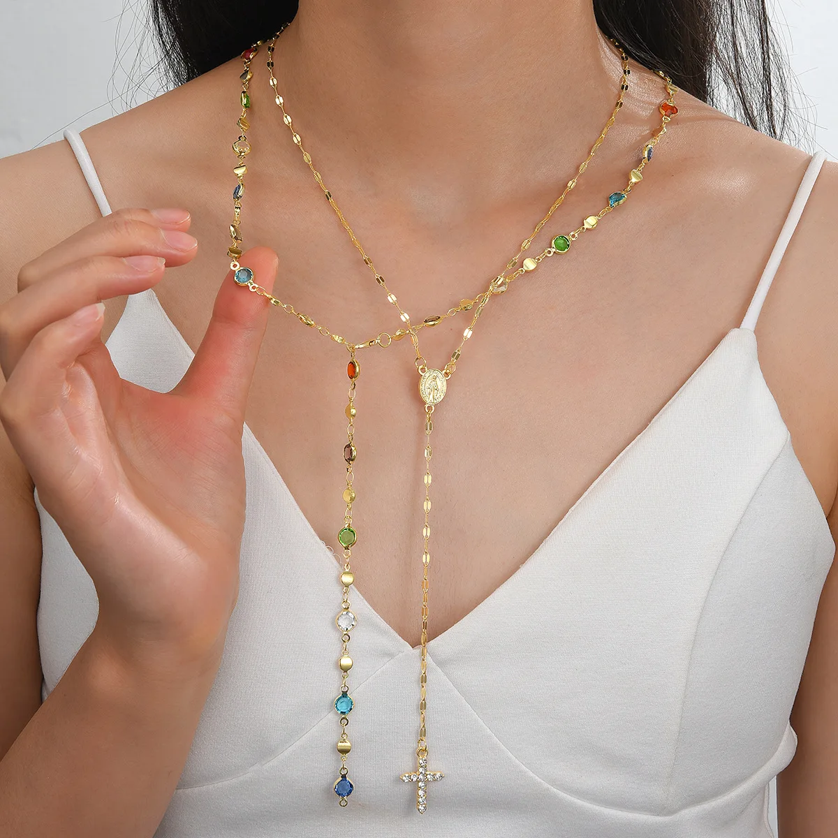 2 Pcs/Set Y-Shape Tassel Chain Multi-layered Necklace for Women Vintage Colorful Crystal Cross Necklaces Daily Wear Jewelry Gift