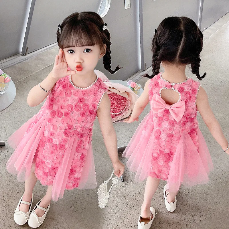 Girl's Rose Petal Princess Summer Dress New Children's Tank Top  Elegant Mesh Dress