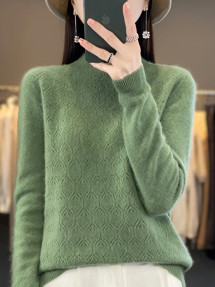 Women Autumn Sweater 100% Merino Wool Pullover Mock Neck Hollow Long Sleeve Cashmere Knitwear Female Clothing 2023 New Fashion