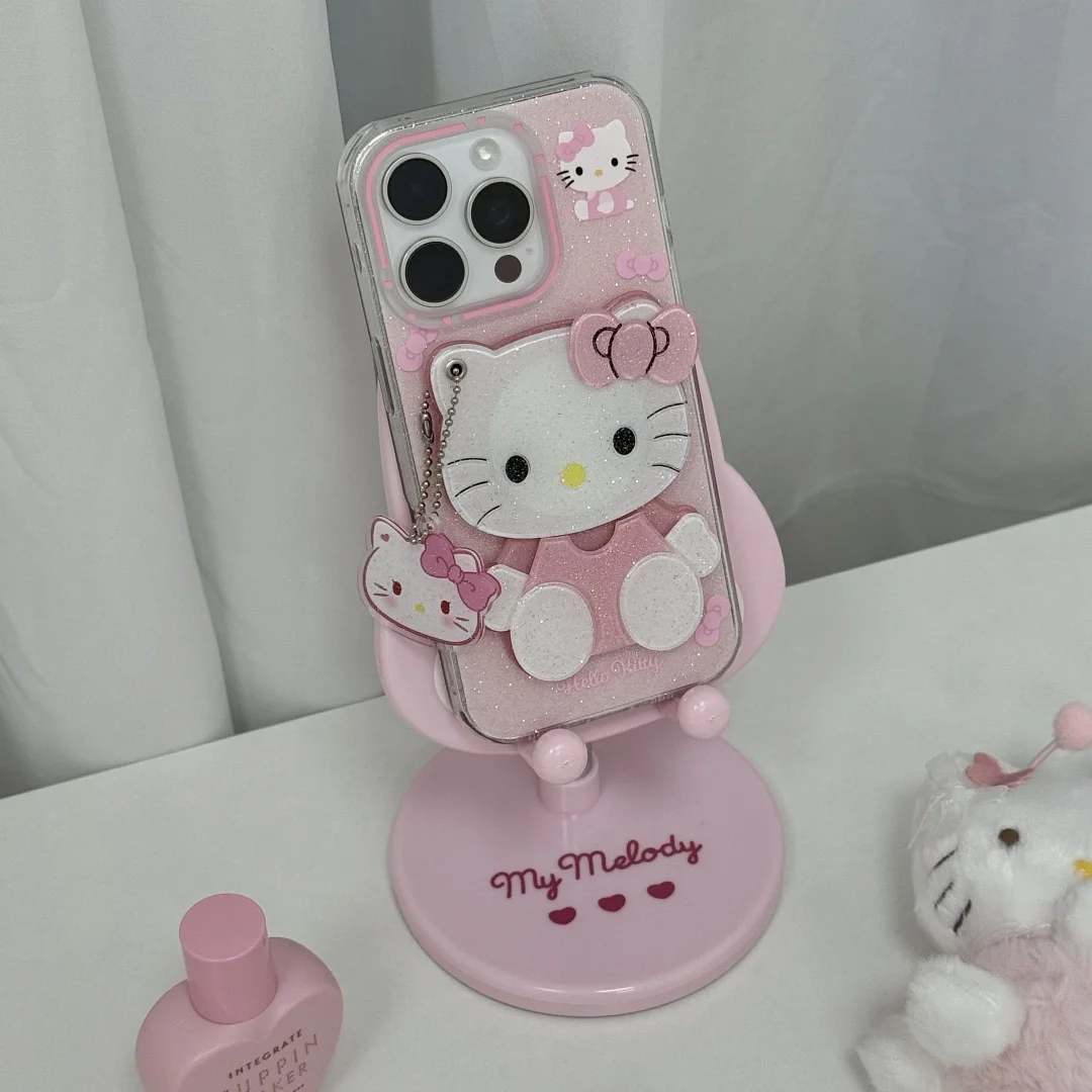 Kawaii الكرتون مرحبا كيتي رئيس KT الدورية مرآة جراب هاتف آيفون 16 15 14 برو ماكس بريق للصدمات سيليكون غطاء ناعم