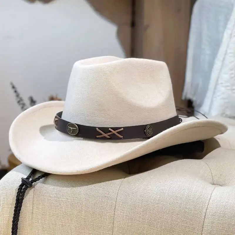 

Tibetan Tourism Photography Women's Autumn And Winter White Woolen Jazz Cow Head, American Western Cowboy Hat, Men's Hat