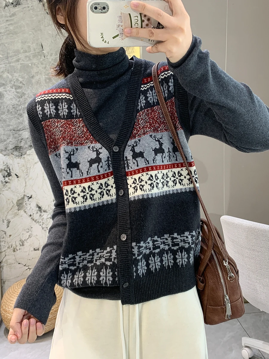 

Ретро-комплект: вязаный свитер и жилет с высоким воротником, утепленный, из смесовой шерсти, теплый, осенне-зимний, женский, модный, для повседневной носки, комплект из двух предметов