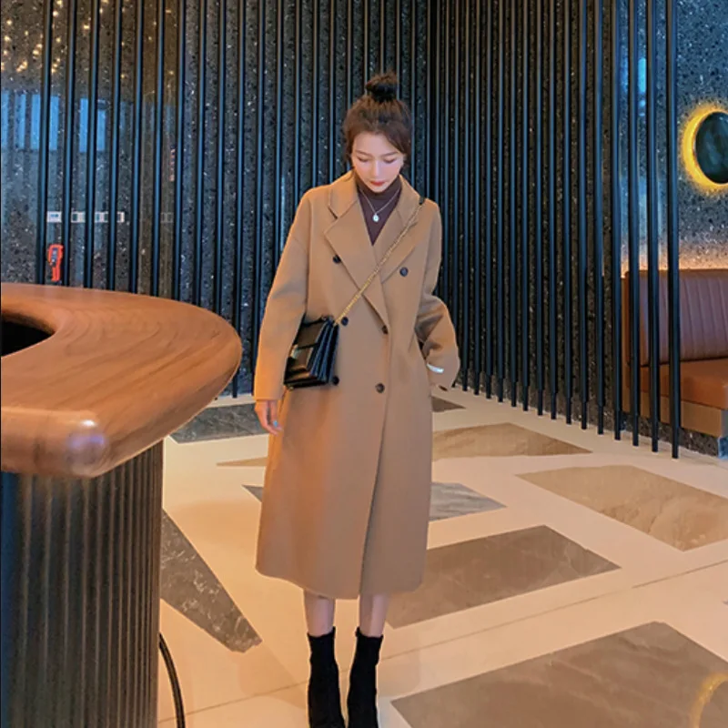 

2022 Winter New Lady Black Woolen Coat Female Medium Long Temperament and Loose Thick Hair Sugar Jacket