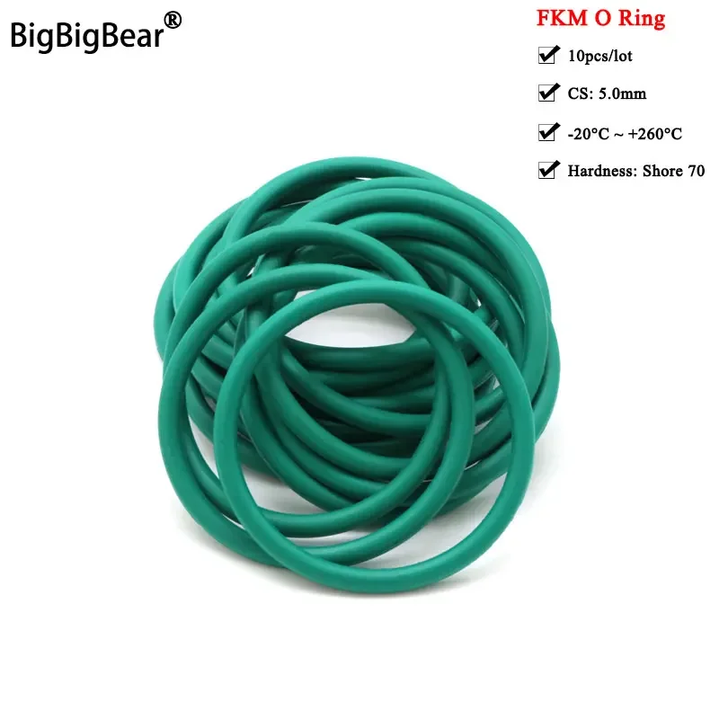 10pcs FKM O Ring CS 5mm OD 16 ~ 100mm Sealing Gasket Insulation Oil High Temperature Resistance Fluorine Rubber O Ring Green