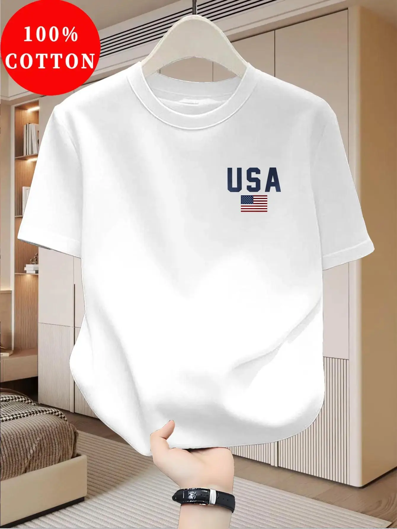 100% Cotton Men's T-Shirt, Summer Short Sleeve Thin Top, Trendy Fashion Slim Fit Versatile Daily Casual Youth Base Layer, USA Letter American Flag Print Pattern