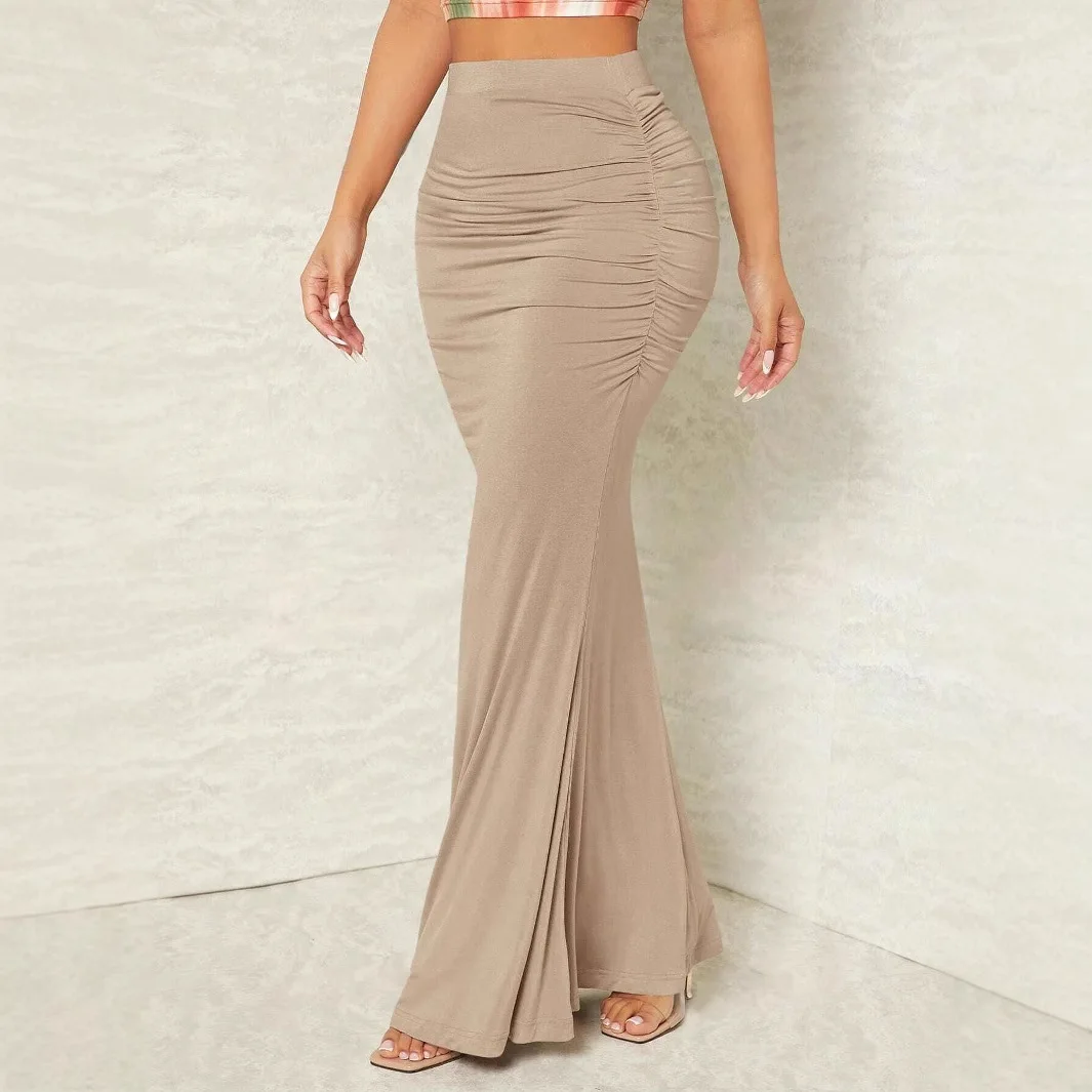 Długa spódnica bodycon z marszczeniami, damska, seksowna, elastyczna, elegancka, z wysokim stanem, typu syrenka, maxi, jesienne trendy, odzież uliczna, ubrania damskie.