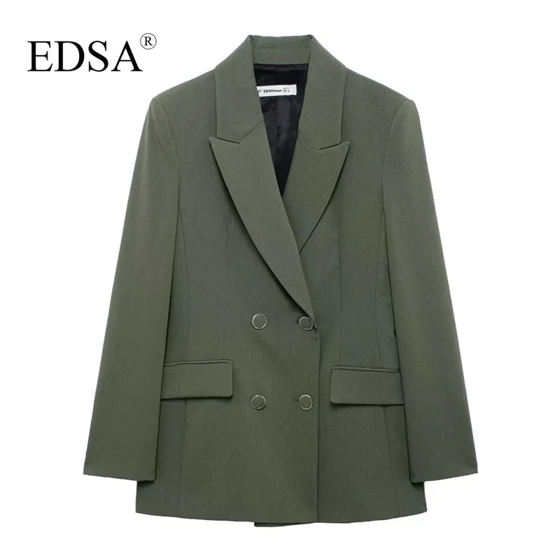 EDSA Women Fashion Double Breasted Blazer Jacket with Flap Pockets for Office Lady Long Sleeves Solid Color Coat Outerwear