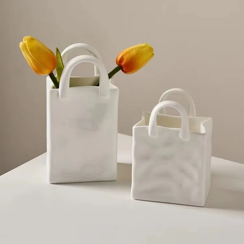 Creative Light Luxury Portable Bag Vase Ceramic Modern Simple Living Room Flower Arrangement Home Decoration Ornaments