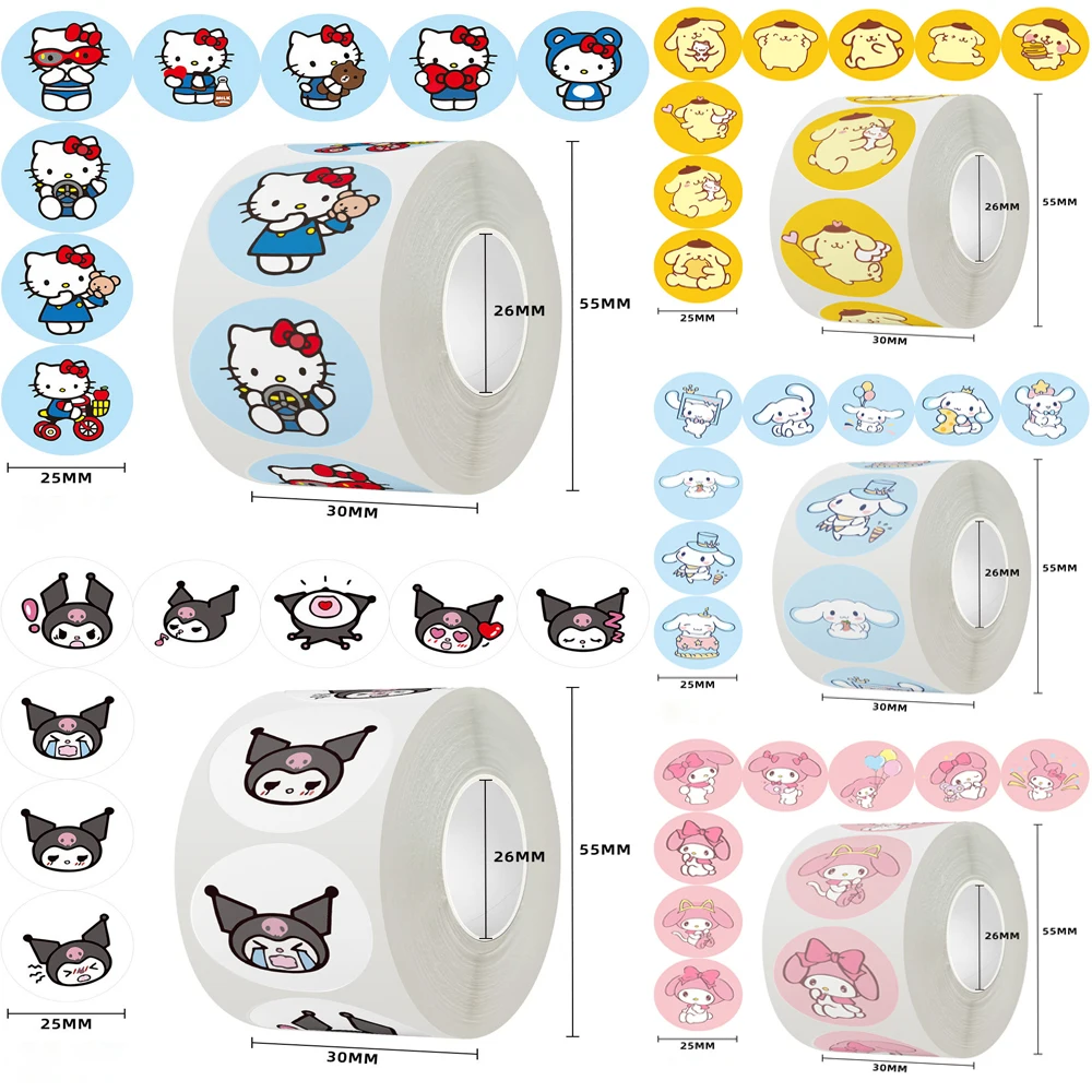 500pcs/Roll Kawaii Cartoon Hello Kitty Stickers My Melody Kuromi Cinnamoroll Kids Reward Stickers Gift Decoration Decals Toys